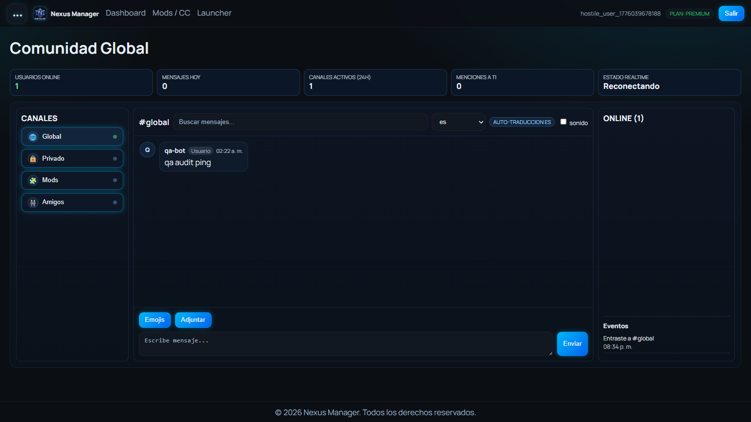 Vista real del sistema social y chat de comunidad