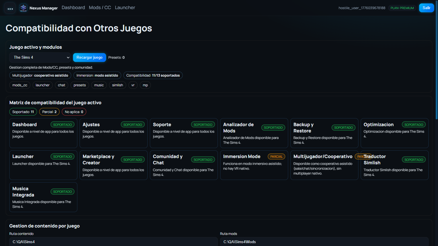 Vista real de compatibilidad entre juegos y módulos