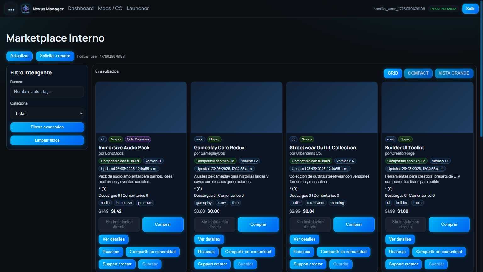 Vista real del marketplace interno con catálogo